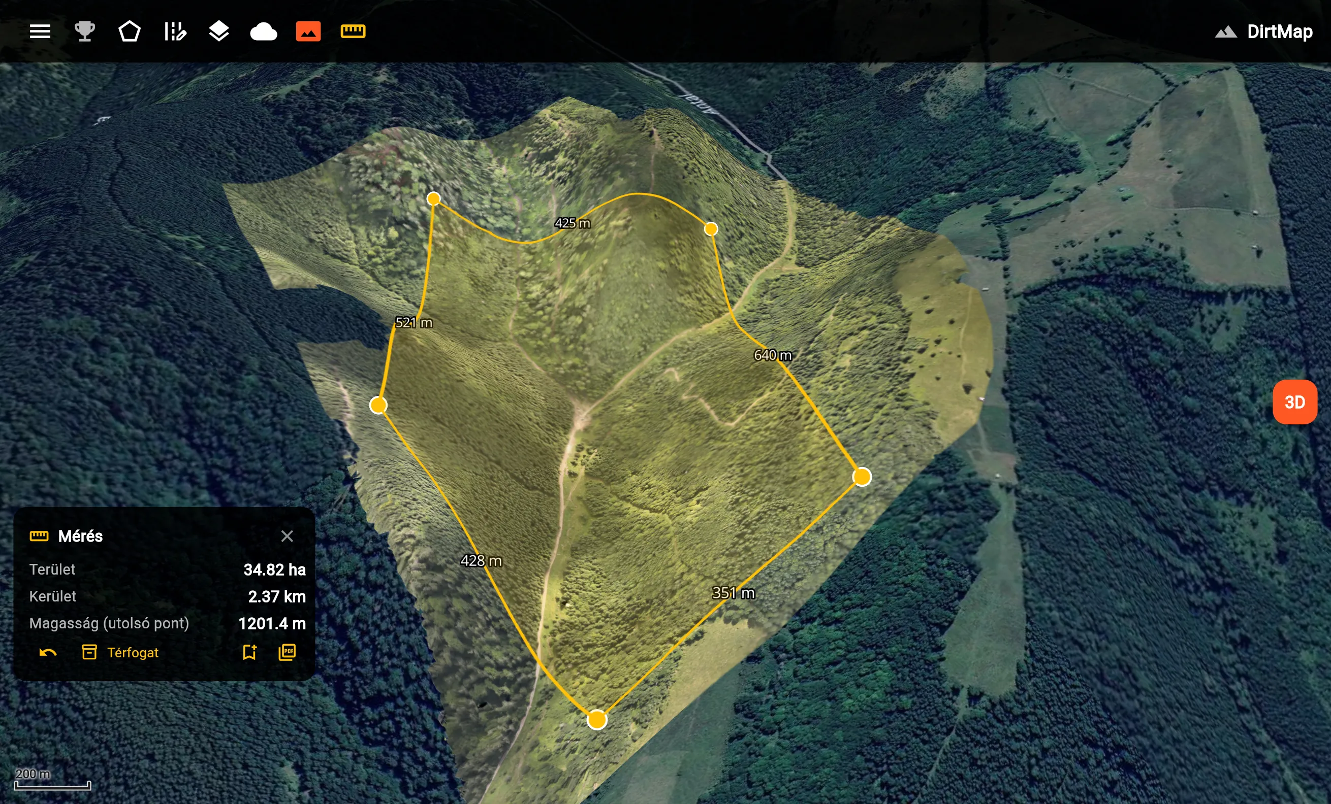 Area and volume measured directly on the survey