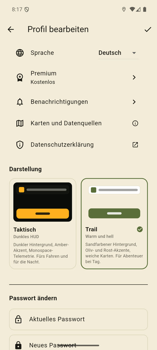 der Abschnitt Einstellungen im Bildschirm Profil bearbeiten, mit geöffnetem Auswahlmenü Sprache und den vier Sprachen.