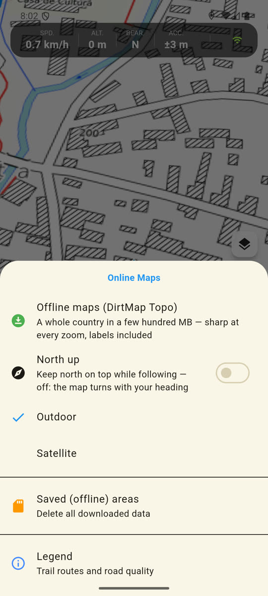 the layers sheet open, showing the Offline maps row and the Satellite / Outdoor choice.