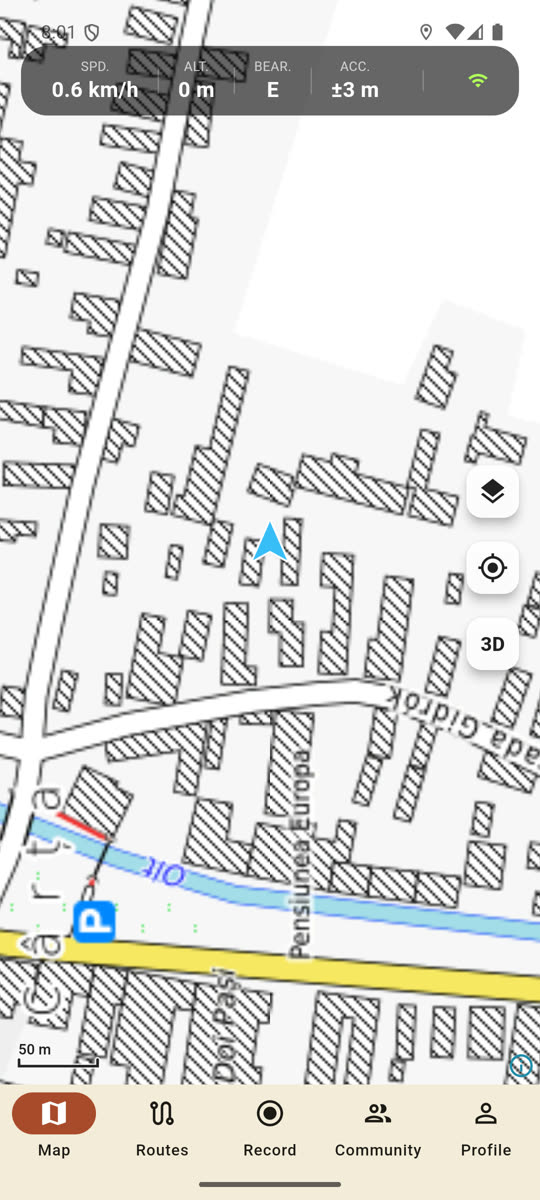 the full map screen in portrait: the black data strip on top, the layers/locate/3D buttons on the right edge, the five-tab navigation bar at the bottom.