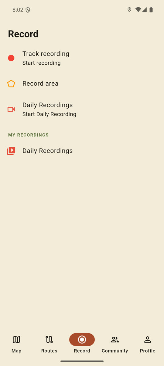 the phone with the Record tab selected in the bottom bar, showing all three start rows (Track recording, Record area, Daily Recordings) and the My recordings section