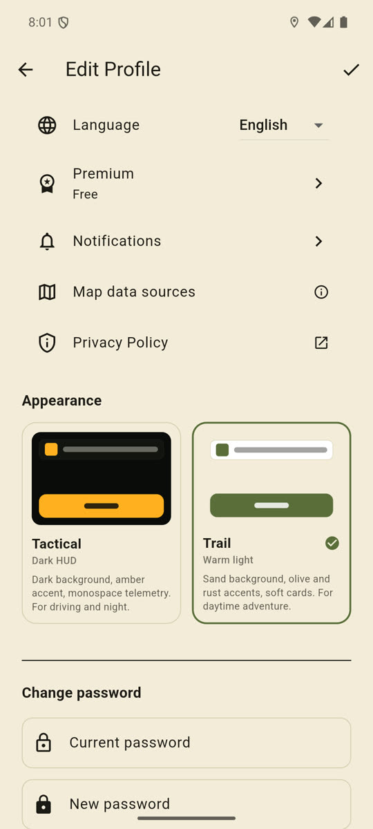 the Settings section of the Edit Profile screen with the Language dropdown open showing the four languages.