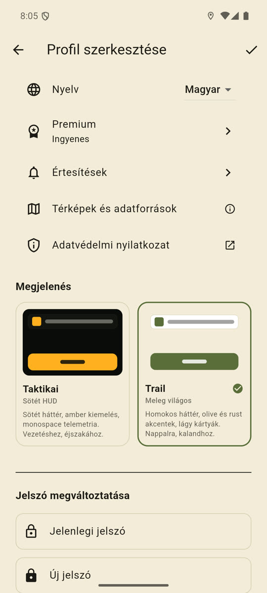 a Profil szerkesztése képernyő Beállítások szakasza, nyitott Nyelv legördülővel, a négy nyelvvel.